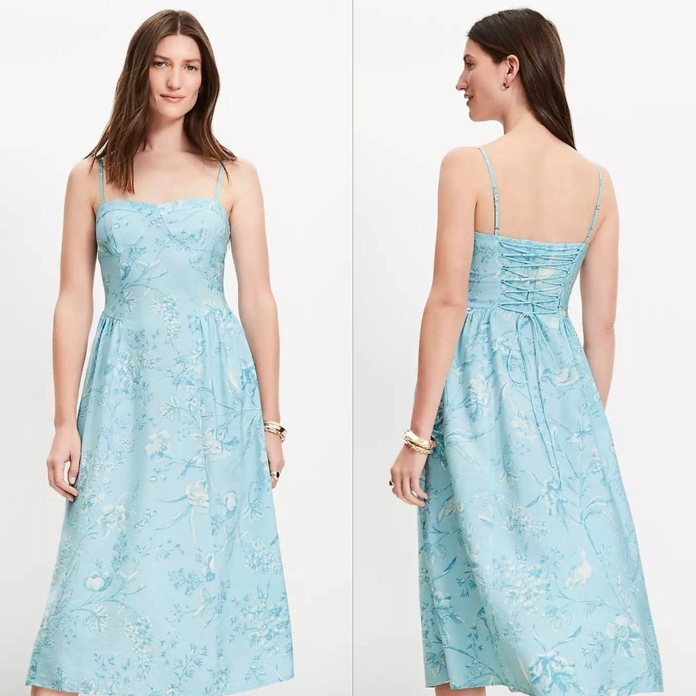 LOFT Midi Dress Women 4P Blue Toile Floral Lace Up Back Bird